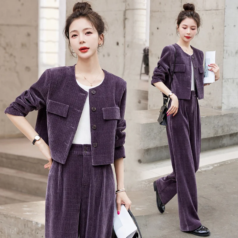 

Fashion Set for Women in Spring and Autumn New Korean Version High-end Fashion Corduroy Wide Leg Pants Two-piece Set