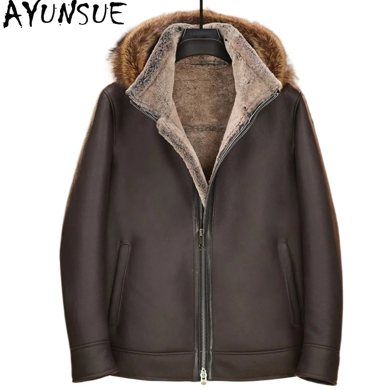 

AYUNSUE Winter Natural Fur Coat Men Warm Water-washed Oil Wax Genuine Sheepskin Leather Jackets for Man Hooded Real Fur Jacket