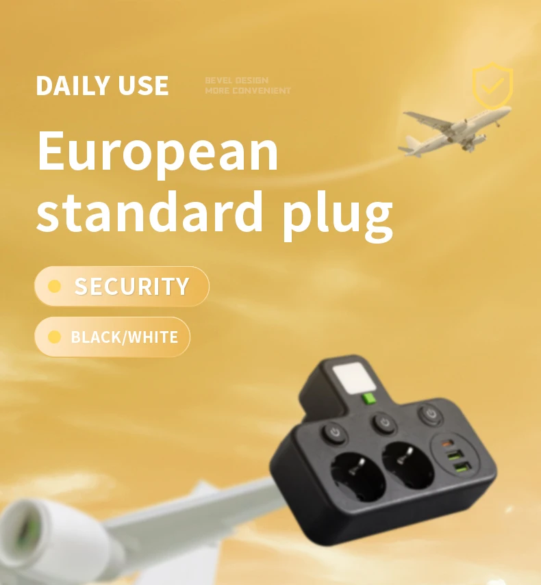 EU-Stecker-Steckdosenleisten. Zwei Spezifikationen mit oder ohne USB-Typ-C-Anschluss. Wandladegerät für das Heimbüro – Detail 1