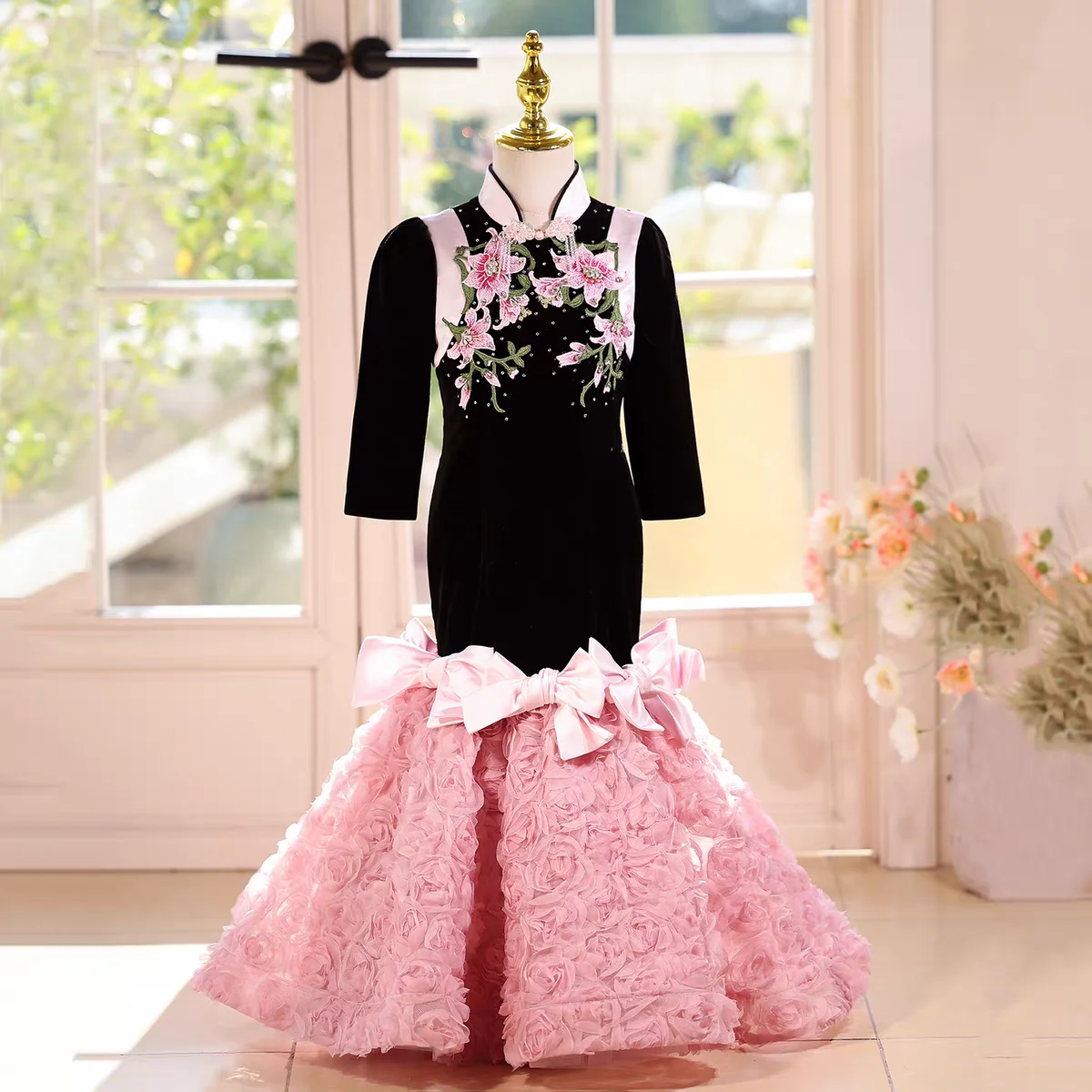 

Jill Wish J603 Black-Pink Princess Dress for Girls Long Sleeve Bows Luxury Kids Formal Gown for Wedding Birthday Party Pageant