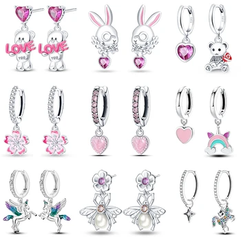 ต่างหูสําหรับสตรี 925 เงินสีชมพูสายรุ้งม้าหมี Bee Double Hoop ต่างหู Fine หมั้นเครื่องประดับของขวัญ