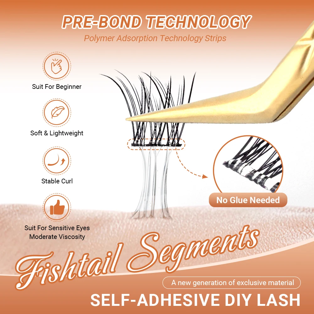 Lashtalk Segmenti a coda di pesce Ciglia autoadesive Ciglia finte fai da te Nessun dispositivo di rimozione della colla necessaria One-Step riutilizzabile Pre-incollate 60 grappoli