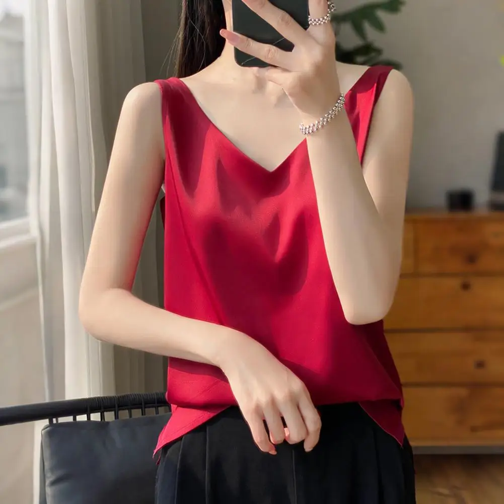 Damen-Weste, V-Ausschnitt, ärmellos, einfarbig, Tanktops, lockere Passform, glatter Satin, Oberteile für den täglichen Gebrauch, vielseitig einsetzbar