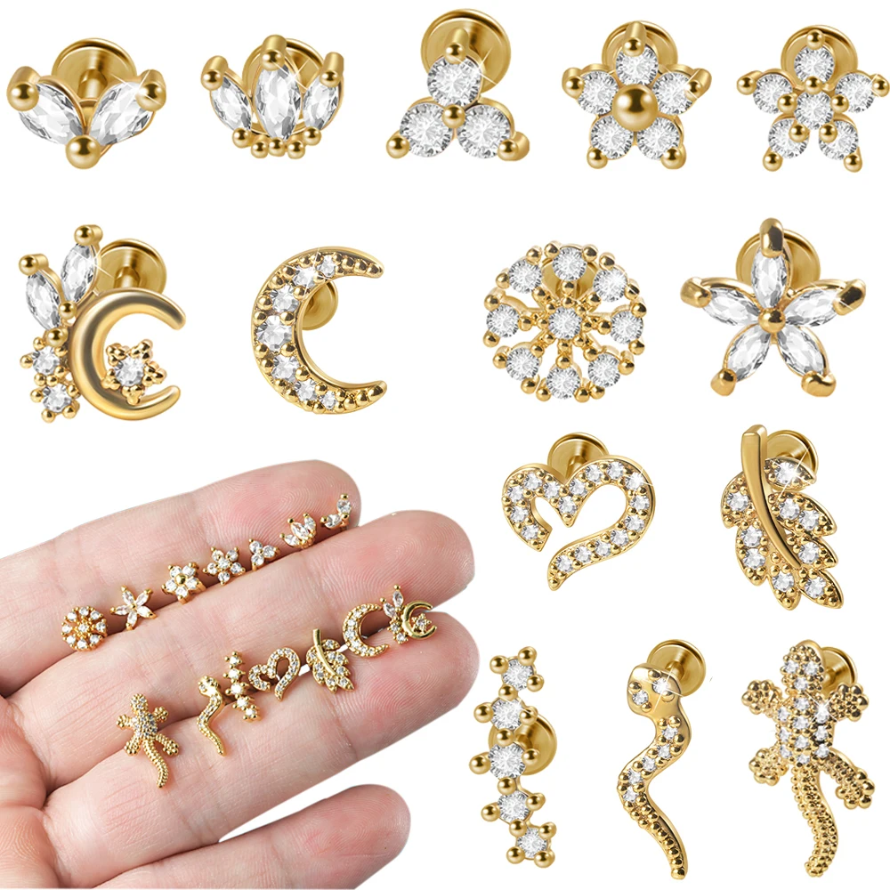 1PC 316L Surgical Steel Cz Labret Lip Ring 16G Gold Plated Crystal Cluster Ear Cartilage Tragus Spiral Daith Piercing Jewelry