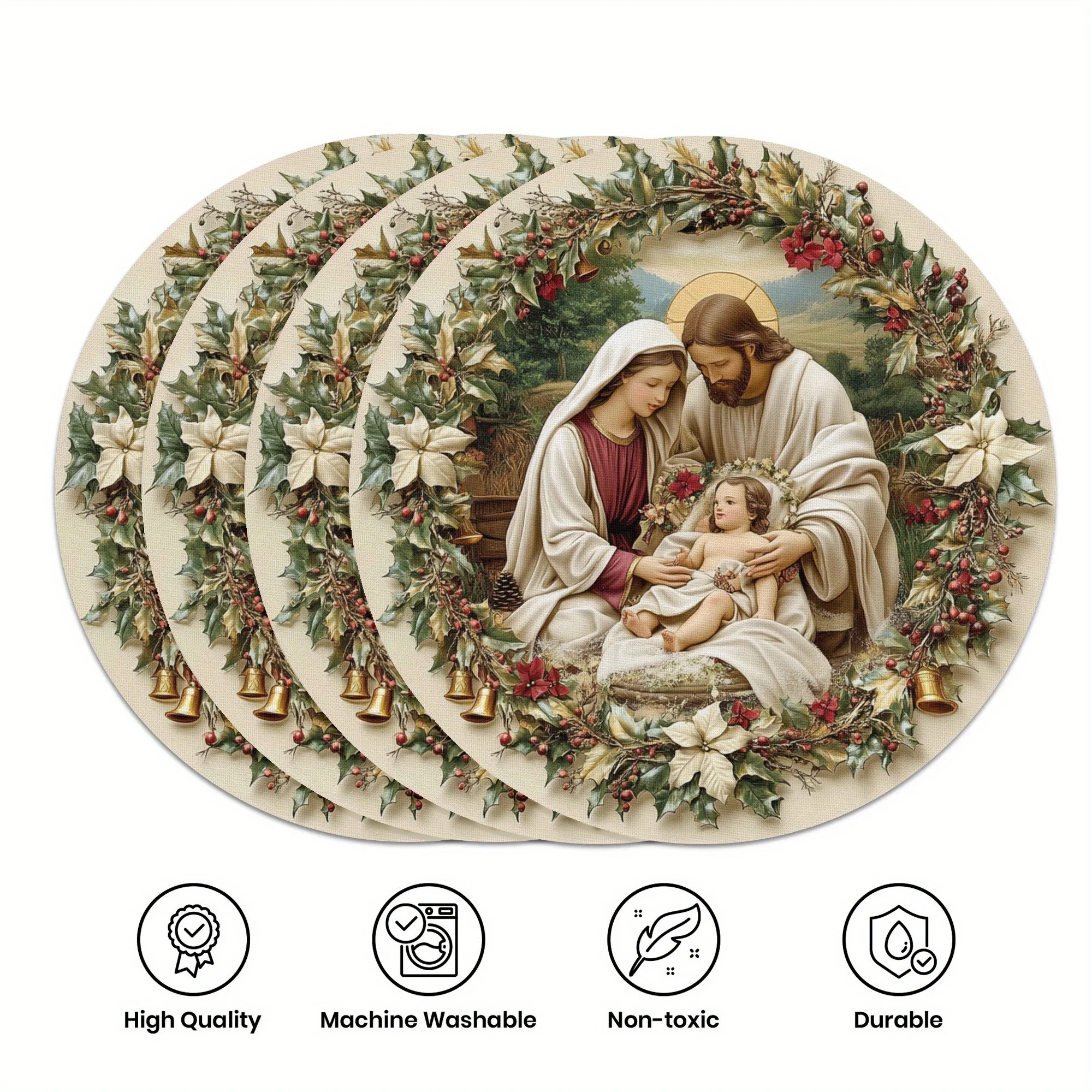 VIKAMA 4PC Holy Family Meal Mat Holly Leaf Berry Bell White Flower Table Church Event Christmas Celebration Decoration