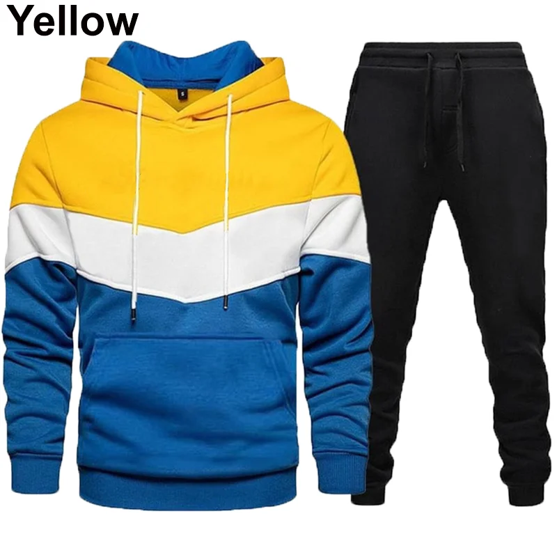 Herfst Winter Mannen Mode Joggingpakken Drie-Kleur Hoodies En Broek Tweedelige Sets Casual Trainingspak