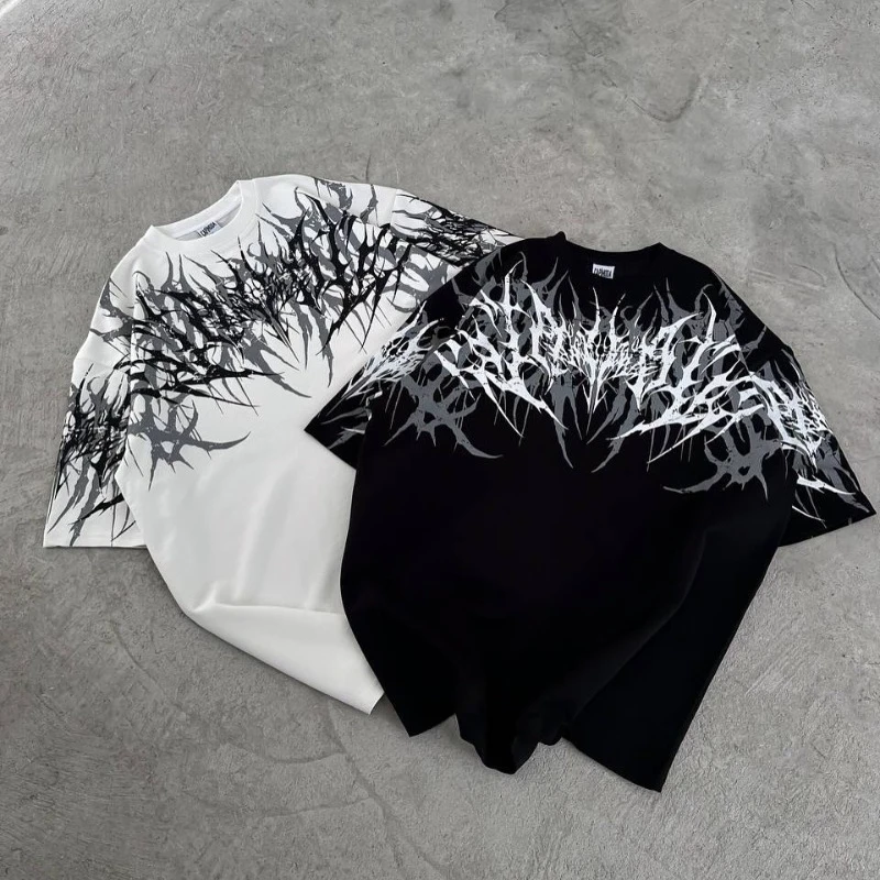 

Y2K Киберпанк Готическая футболка с острым шипом и текстурным принтом из чистого хлопка, уличная модная футболка с рисунком, городский стиль, удобная посадка