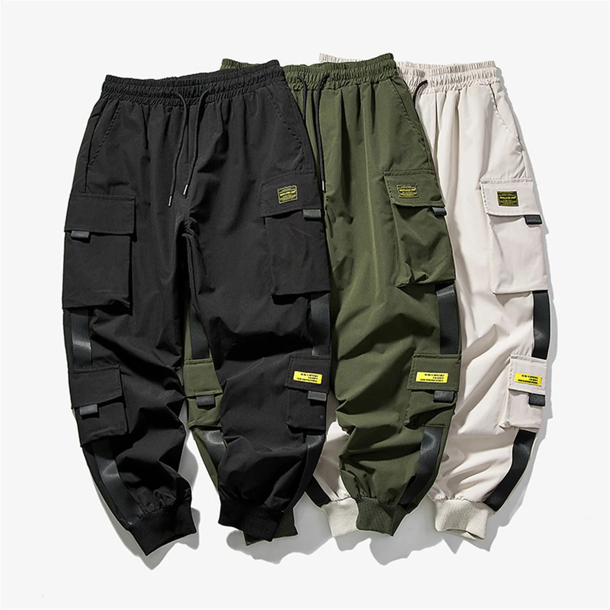 Classic Ribbon New Versatile Men's Work Pants Casual Hip-hop Colors Multi Pocket Pants Street Wear Satin Ribbon Trend Pants