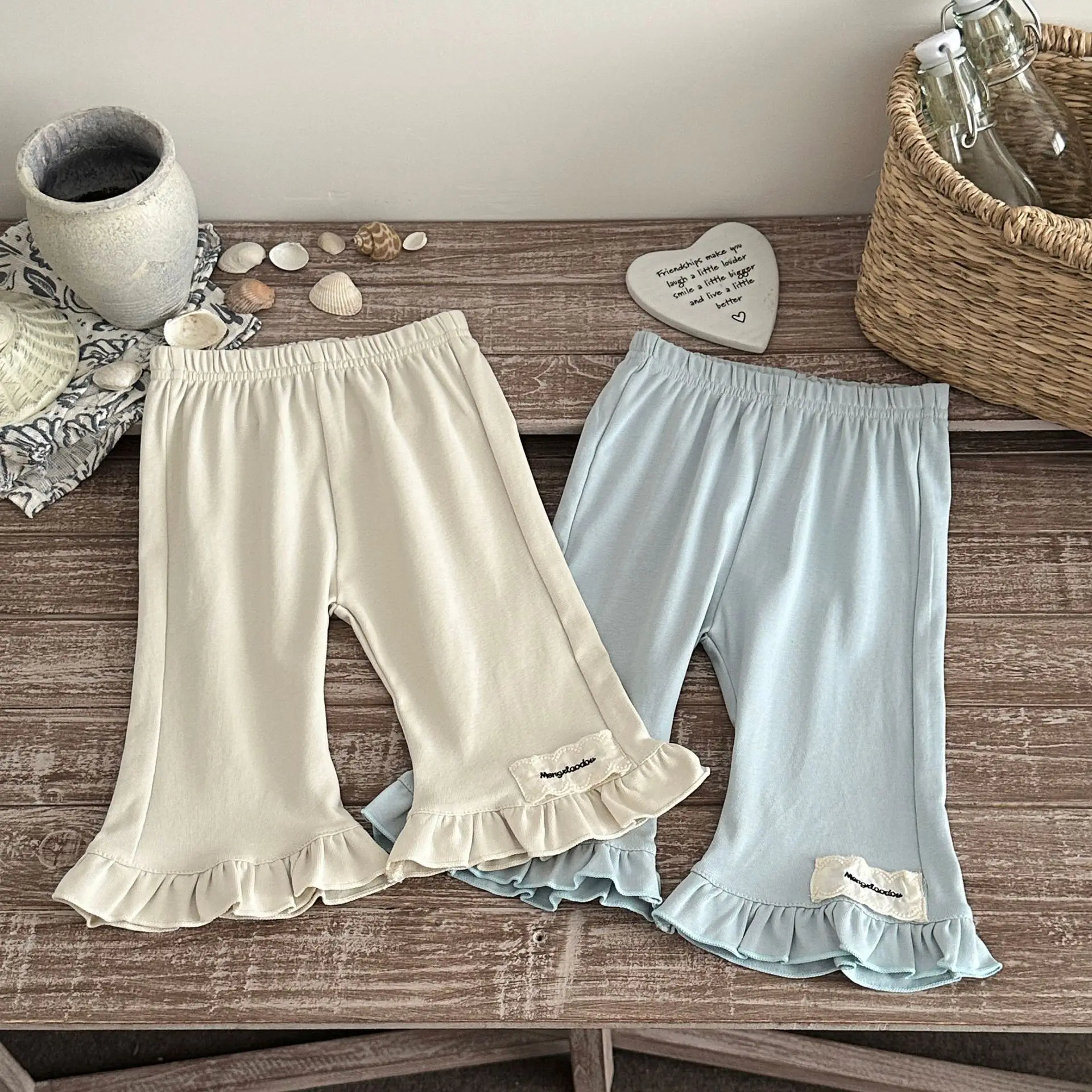 

2026 Summer New Girls Cute Embroidery Lace Flared Trousers Cotton Infant Solid Leggings Baby Girl Cropped Pants Toddler Clothes