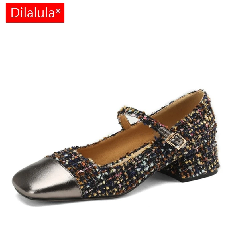 

Dilalula 2025 Spring /Autumn New Designer Tweed Shoes Women Elegant Straight buckle Mary Janes Real Leather High heels