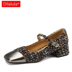 Dilalula 2025 Spring /Autumn New Designer Tweed Shoes Women Elegant Straight buckle Mary Janes Real Leather High heels