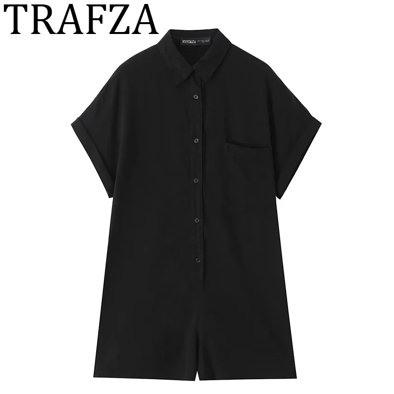 

TRAFZA Woman 2025 Flowy Pocket Jumpsuit Black Lapel Short Sleeve Overalls for women Button Shorts Bodysuit Summer Woman Clothing