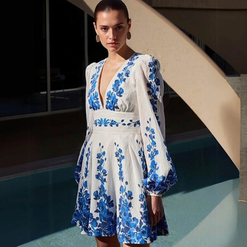 Flaxmaker Women New Vintage Elegant Women Printed Long Sleeve One Piece Swimsuit V Neck Boho Print Dress Loose Party Dresses