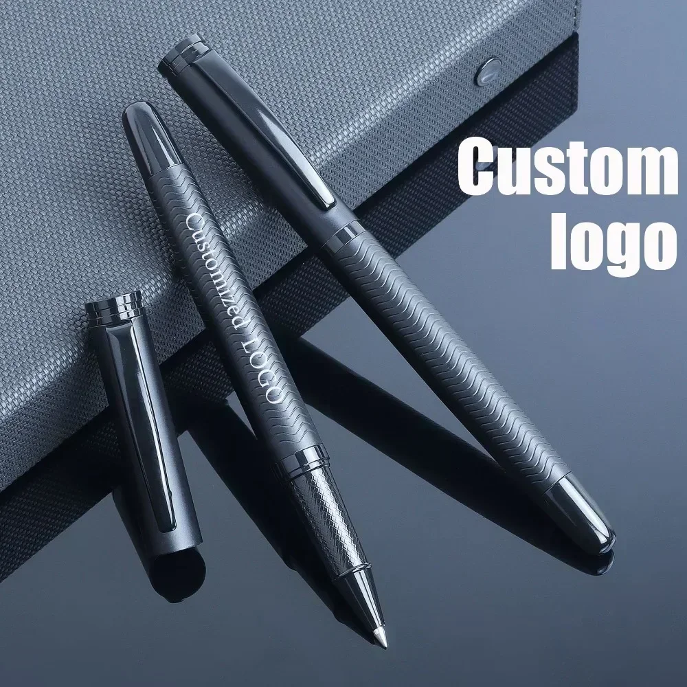 

Customized black metal ballpoint pen logo with wavy diamond pattern luxury signature pen, business gift writing stationery