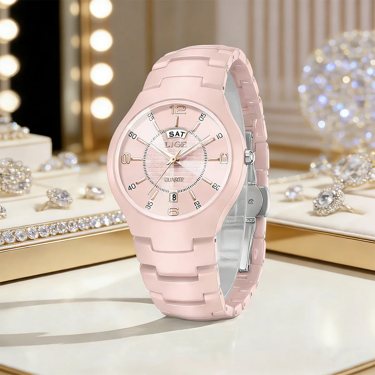 LIGE New Luxury Woman Watch Ceramics Simple Waterproof Calendar Week Quartz Watches for Women Elegant Ladies Bracelet for Gifts