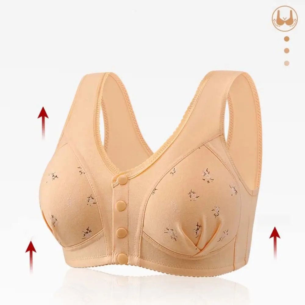 Comfortable Plus Size Women's Flower Bra Ruffle Seamless Wireless Bra Elderly Widen Band Intimates Front Button Bras Lingerie