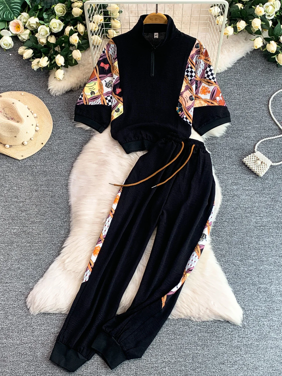 

Модный комплект с принтом: женский свободный худи и брюки с высокой талией, повседневный стиль для работы и отдыха, весна-лето