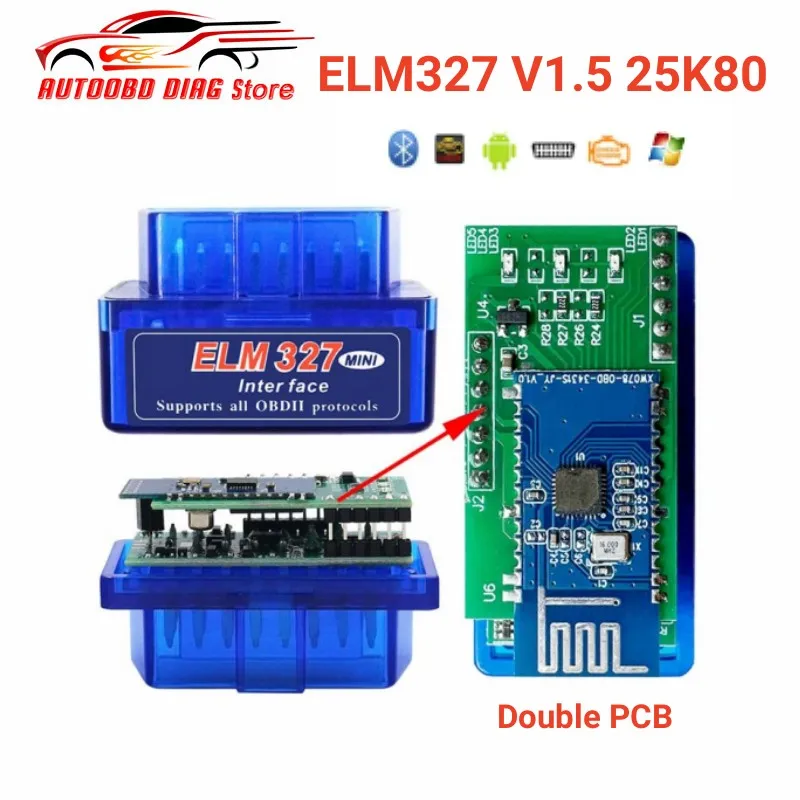 Super Mini ELM327 ELM327 Bluetooth V1.5 Double PCB With PIC18F25K80 Chip OBD2 Code Reader ELM327 25K80 Chip Diagnostic Tool