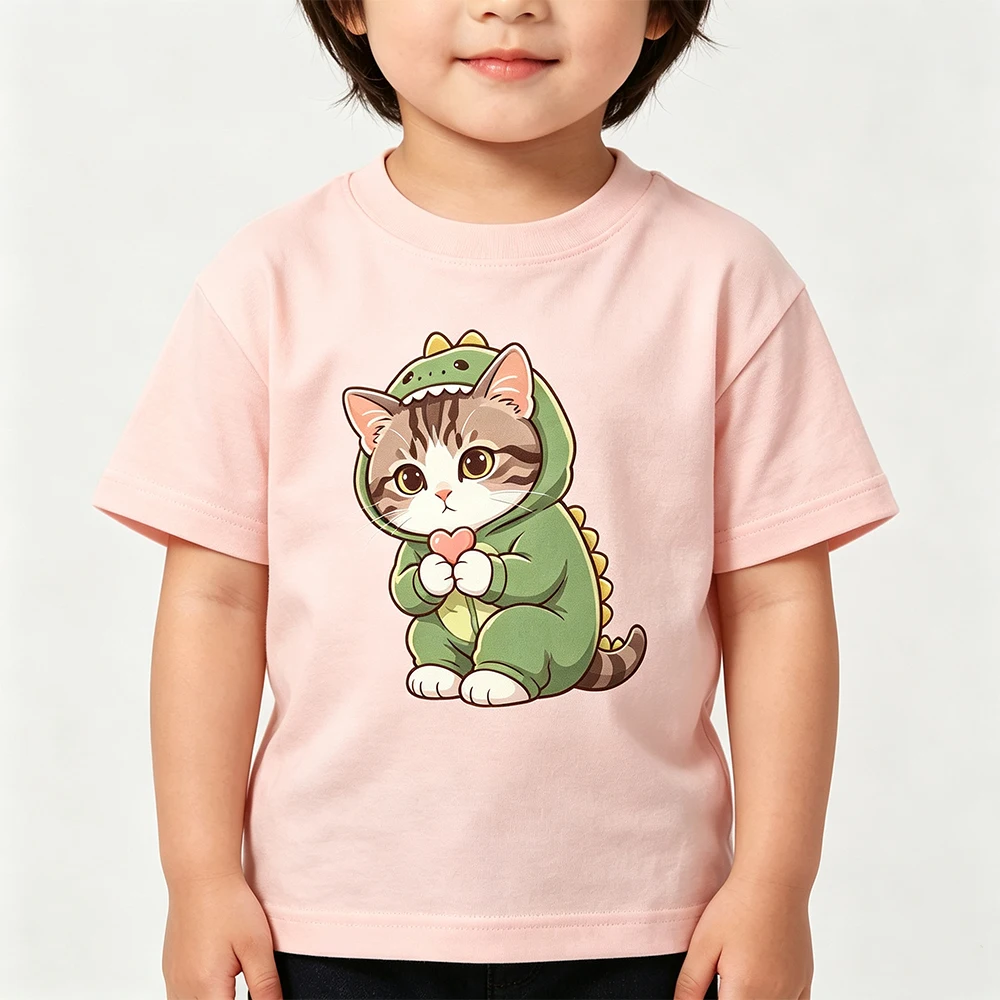 Children's pure cotton short sleeved T-shirt with comfortable, soft, cute cat dinosaur print