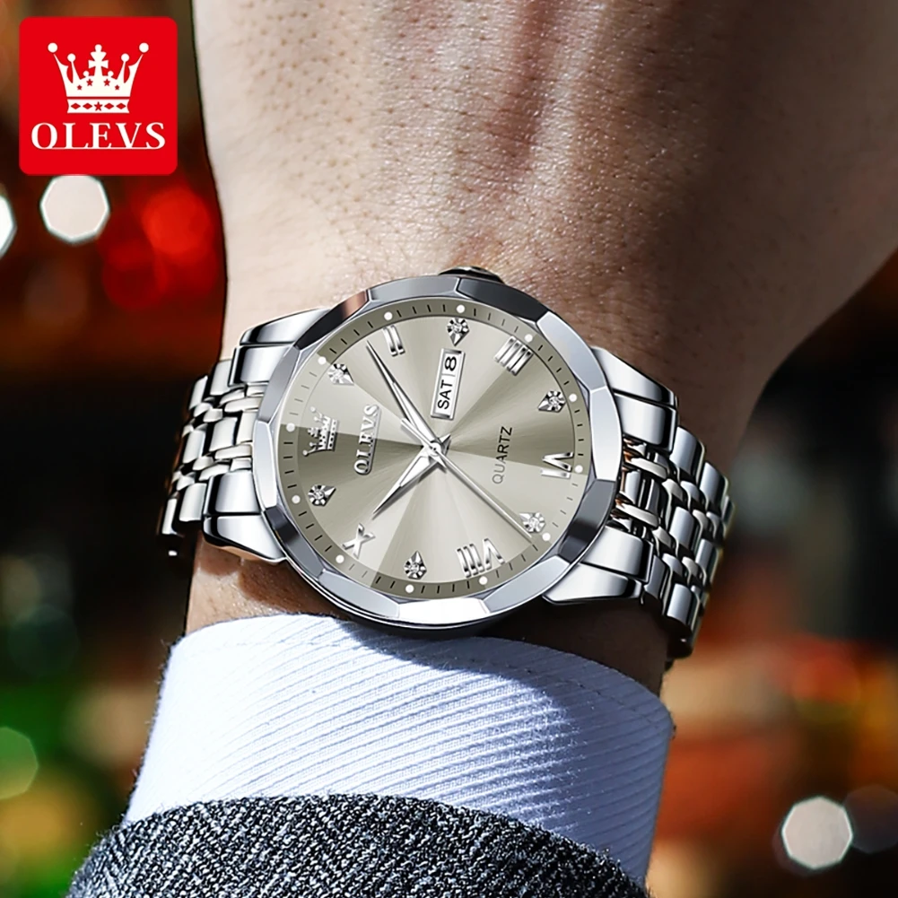 OLEVS-Reloj de cuarzo para hombre, cronógrafo informal, Original, de acero inoxidable, resistente al agua, luminoso, con fecha y semana