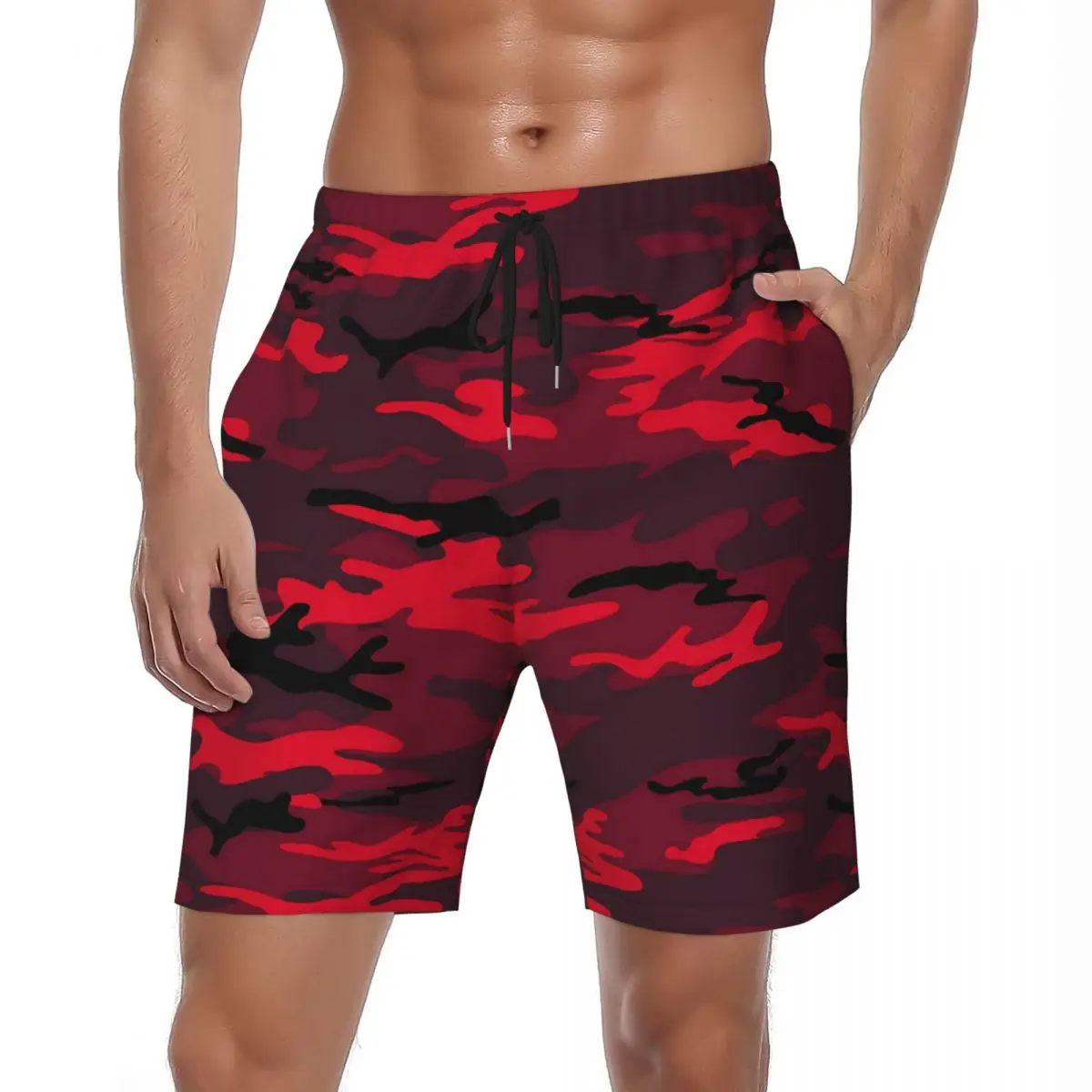 Bañador de camuflaje rojo para hombre, ropa deportiva transpirable, pantalones cortos de playa de talla grande