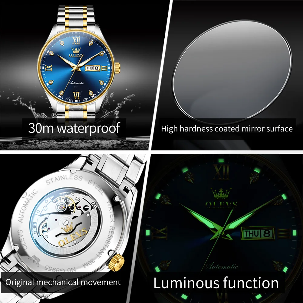 OLEVS 9955 Men's Watch Stainless Steel Strap Waterproof Dual Calendar Luxury Brand Automatic Mechanical Business Man Wristwatch