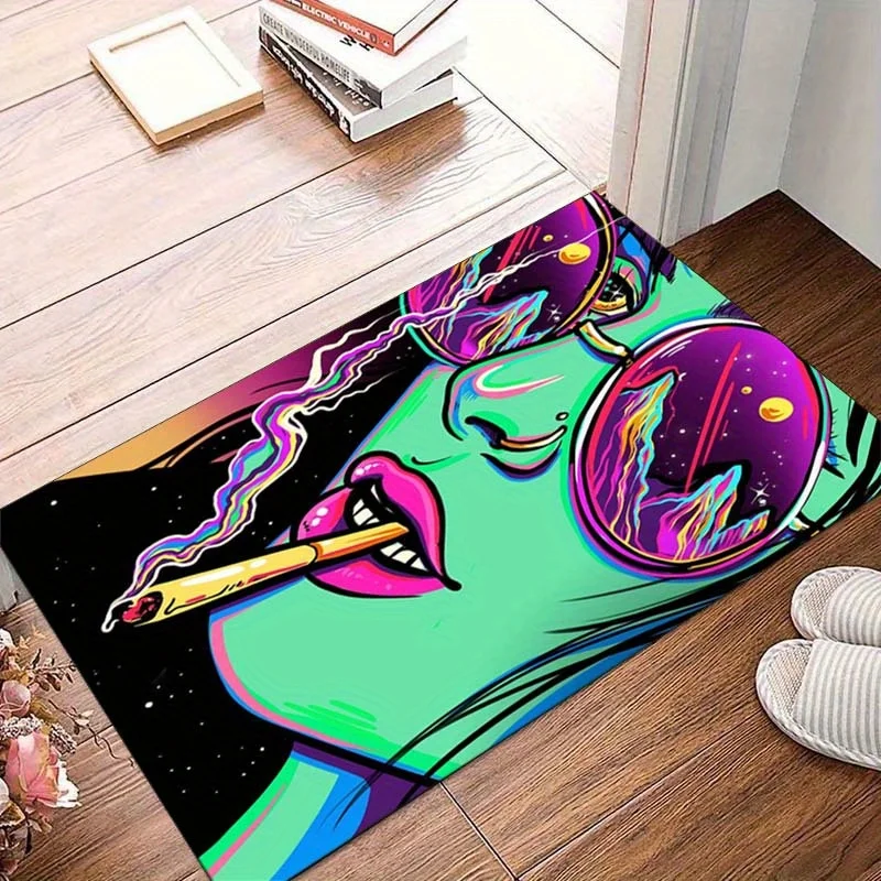Psychedelic Pop Art Doormat, Cool Girl Entrance Rug, Neon Graffiti Floor Mat, Non-slip Living Room Carpet, Man Cave Decor
