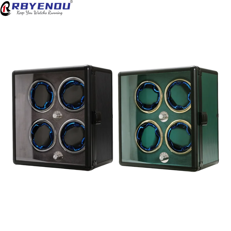 

4 Slots Black Green Aluminum Alloy Material Watch Winders Watches LED Case Organizer Storage Box Personalized Customizable Logo