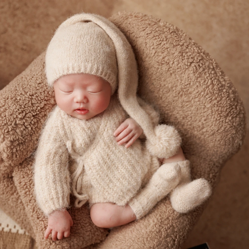 Roupas de malha para sessão de fotos de recém-nascidos, top de manga longa, macio, curto, chapéu, meias, branco, infantil, roupas fotográficas, traje para recém-nascidos