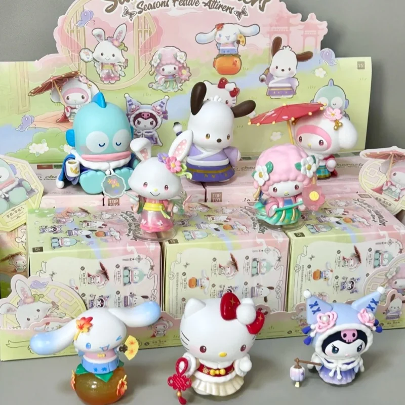 Sanrio-caja ciega de la serie de ropa china para las cuatro estaciones, adorno periférico de perro Pacha Hello Kitty Kuromi, regalo de cumpleaños Xsmax