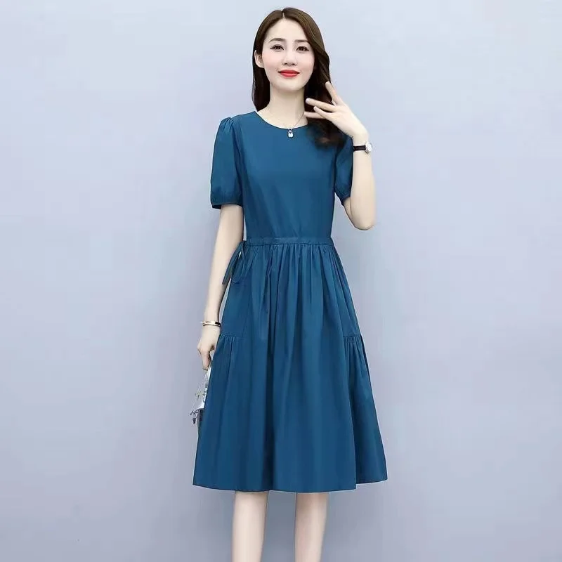 

plus Size Anti-Aging Cotton Linen Pleated Dr Summer New Korean Loose Waist Slimming Midi Skirt Commute Sle round Ne ...