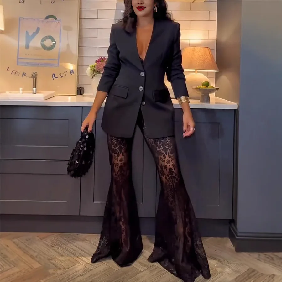 

Women Fashion Elegant Blazer Jacquard Lace Pants Sets Slim Button Full Sleeve Suit Jacket Long Flare Trousers Lady Party Outfits