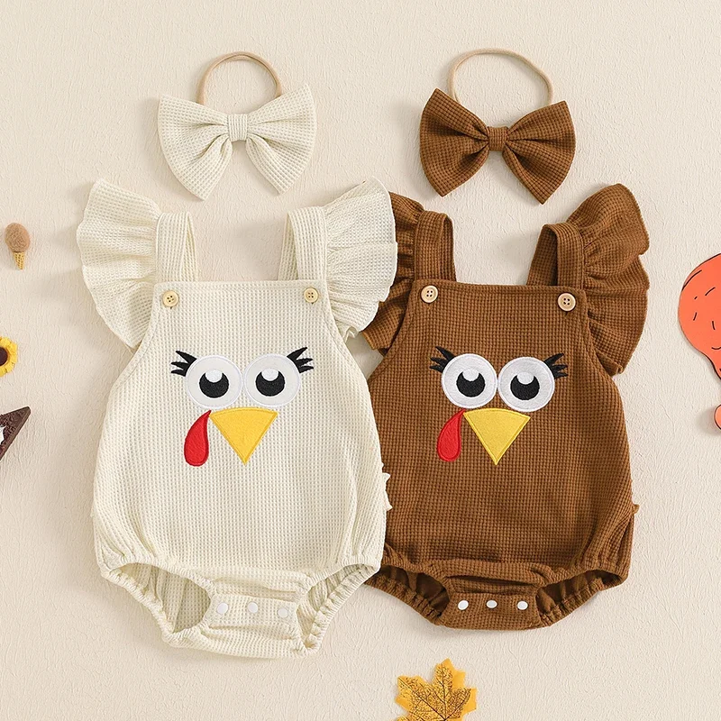 

Baby Girls Romper Thanksgiving Clothes Turkey Embroidery Fly Sleeve Toddler Bodysuits with Headband jumpsuit Newborn Clothes