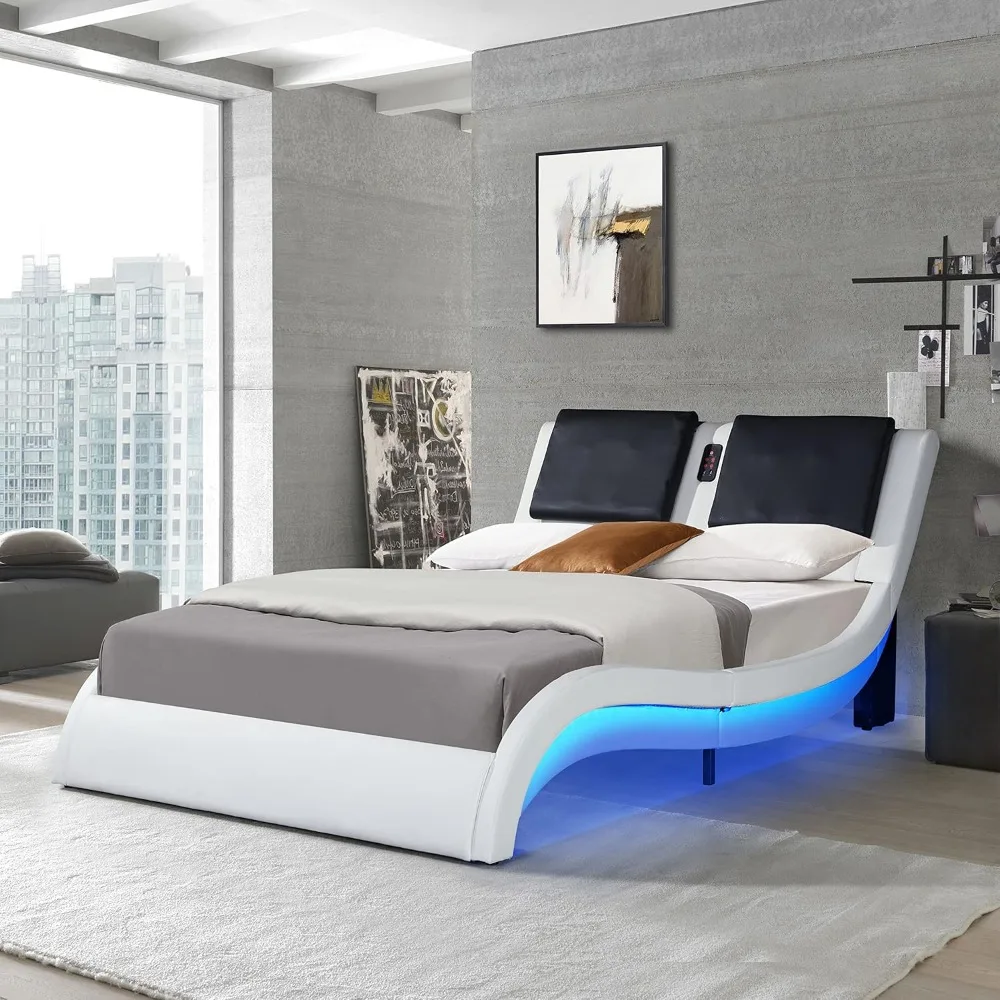 Upholstered Queen Platform Bed Frame with LED Lighting and USB Charging Ports, Faux Leather Queen Size Bed Frame, White