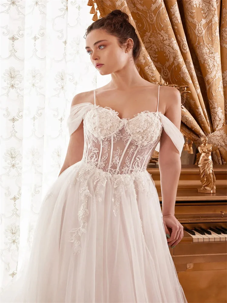 A-line eleganti abiti da sposa senza maniche Off-The-spalla pizzo Tulle lunghezza del pavimento abito da sposa Applique abito da sposa per le donne