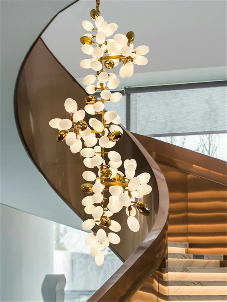 Luxury Gold Frame Chandelier White Jade Glass Grape Cluster Pendant Light 3 Color Dimmable for Hotel Villa