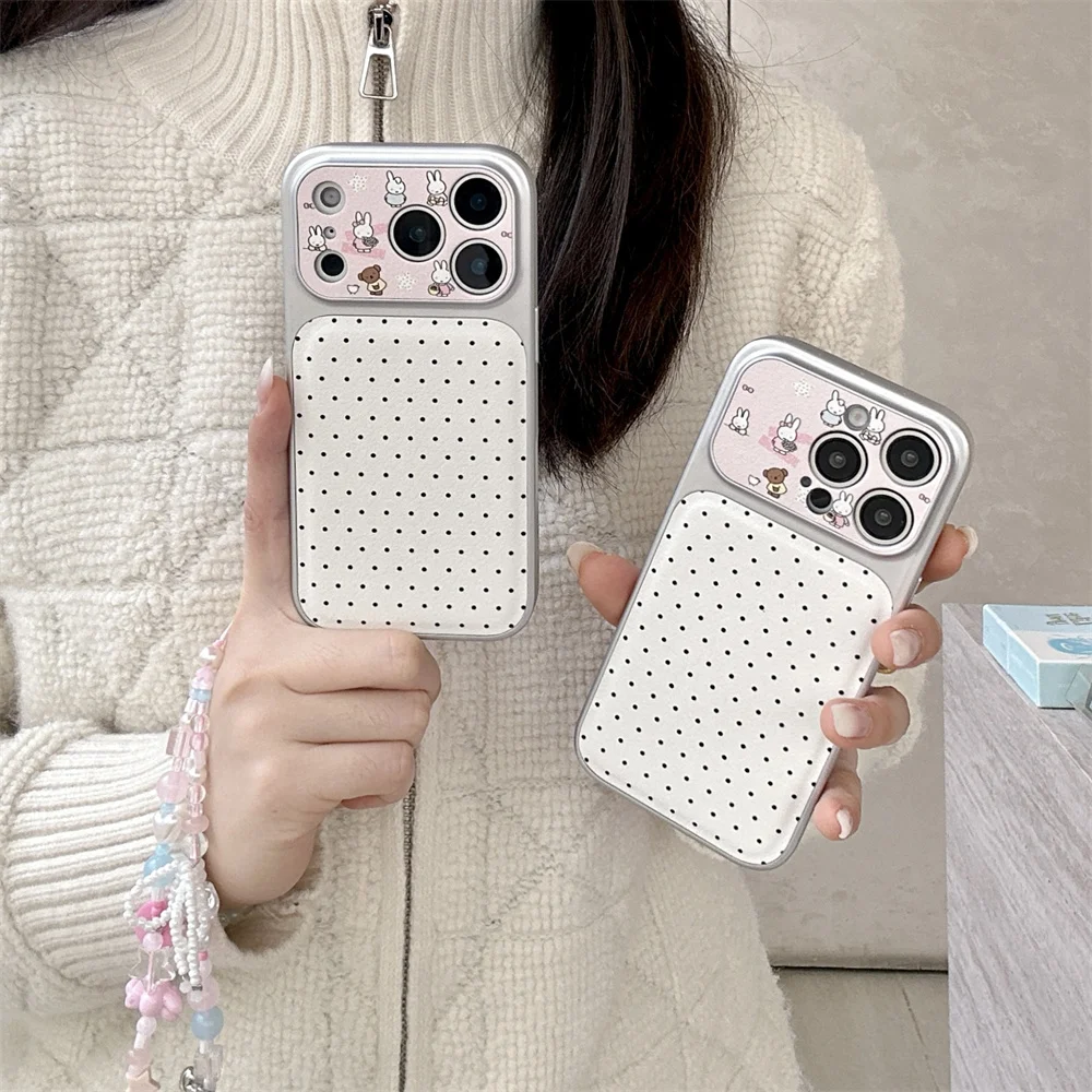 

Electroplated Polka Dot Miffy Bunny phone case for iPhone 16 Pro 13 14 15 Pro 17 Pro Max Cover with Chain Cute protective cover