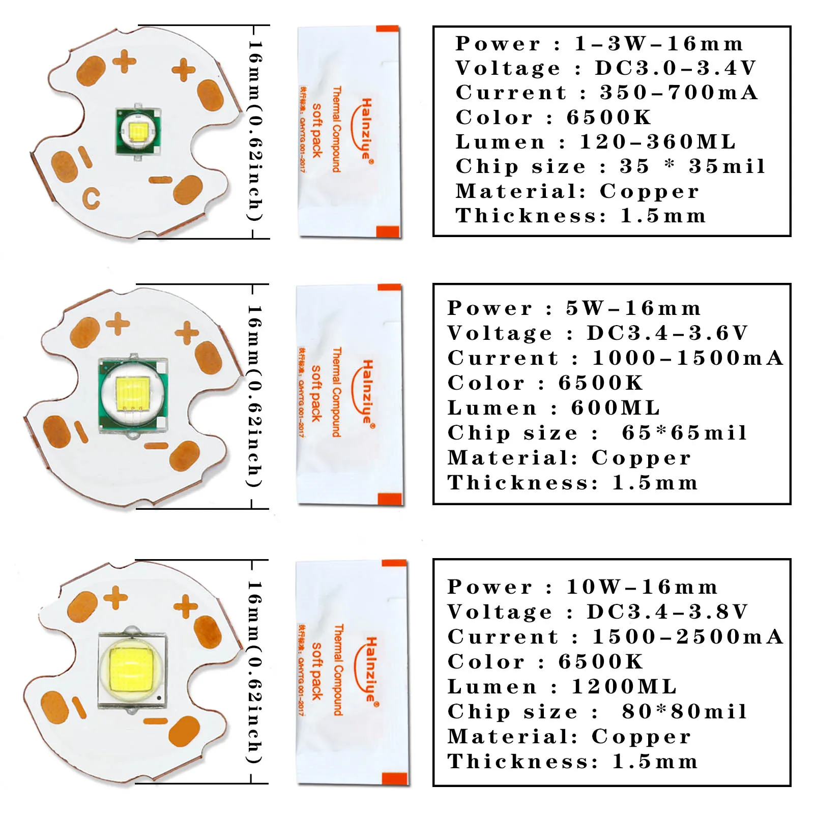 Diodo emisor de luz LED de alta potencia, accesorios PCB de cobre para linternas, luces de bicicleta y coche, 3W, 5W, 10W, DC3V, 16mm, 20mm