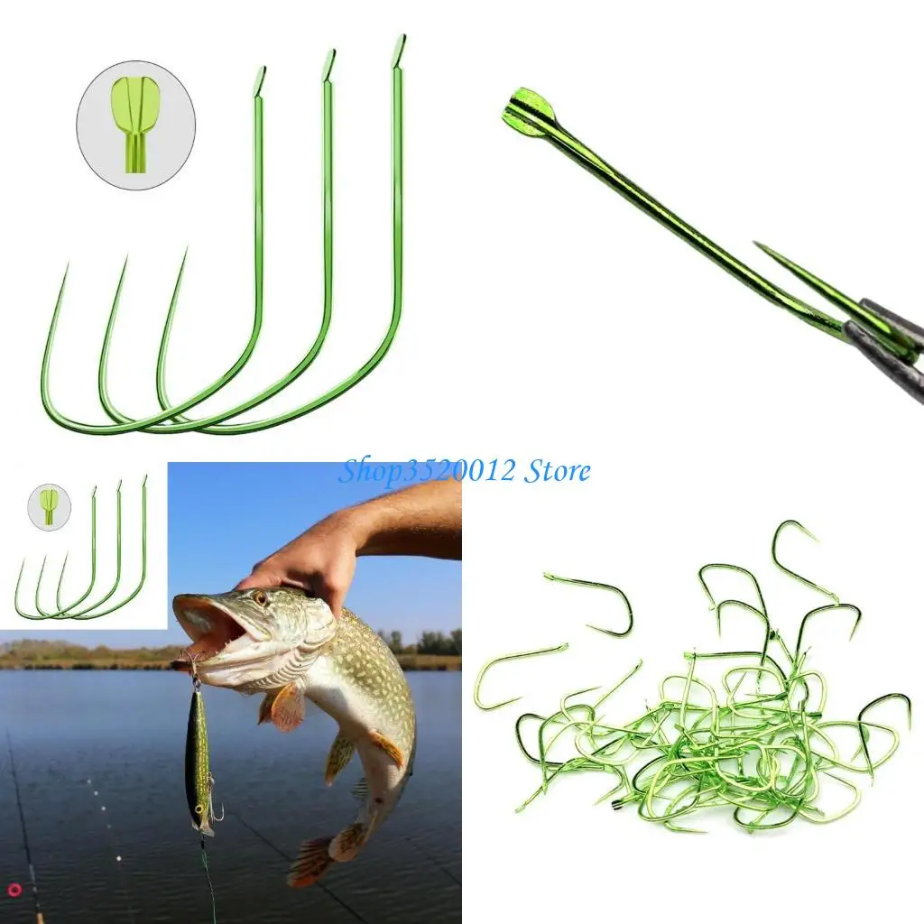 

27RD 50Pcs Green Barberless Fishing Hook Long Shank Fishing Hook Small Baits Keep Hook Fishing Trackle Easy to Use