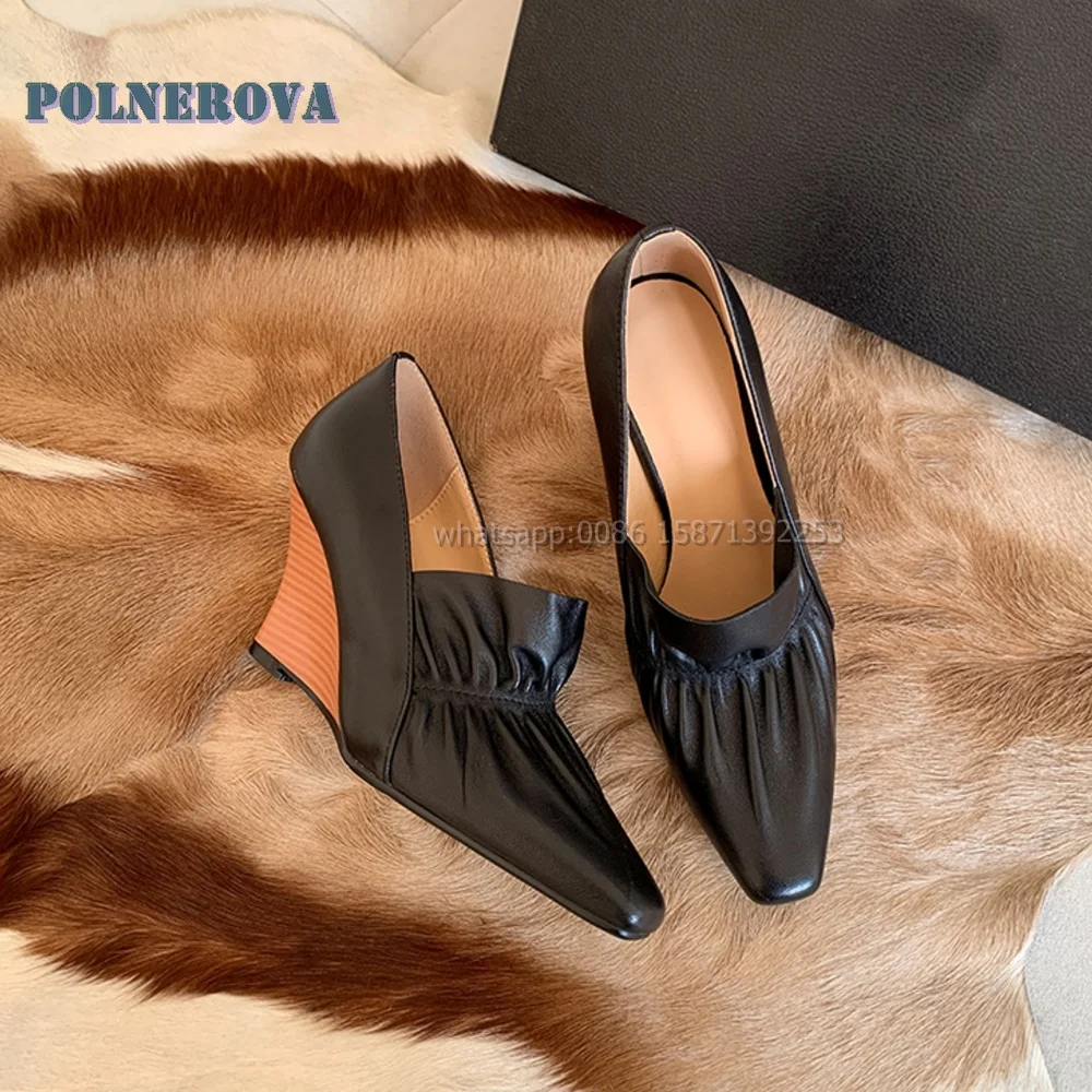 

Pleated Wedges Slip On Pumps Square Toe Height Increasing Bicolor Patchwork Women Sandals Elegant Luxury Shoes 2024 New Arrivals