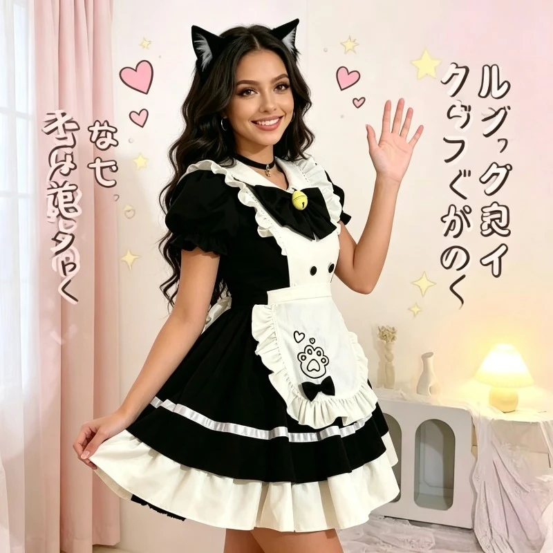

Japanese Sweet Lolita OP Dress, Cat Restaurant Maid Style Dress with Apron, Cute Short Lolita Gown for Daily Wear Cosplay Party
