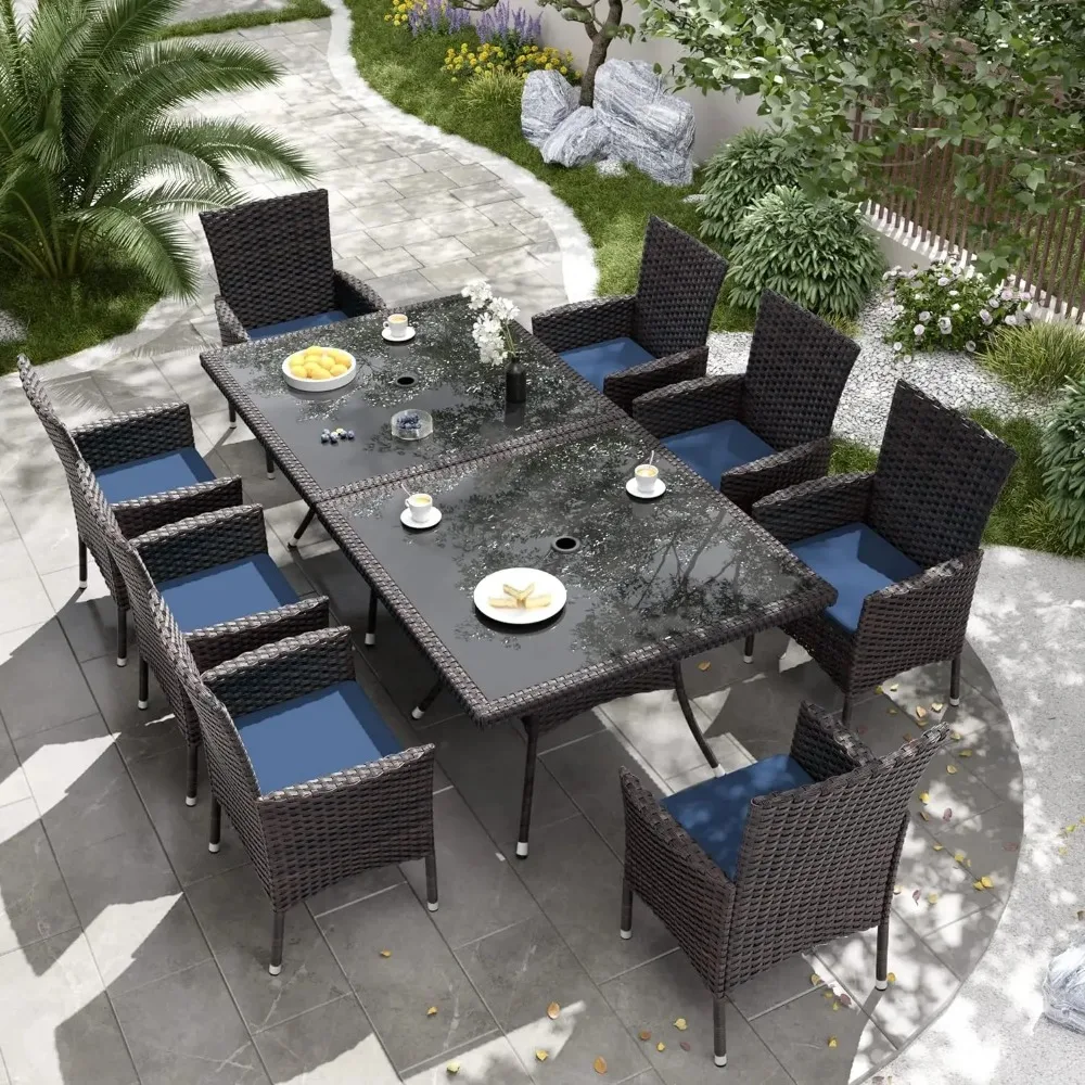 10-Piece Patio Outdoor Dining Set, Wicker Furniture  of 8 Rattan Chairs with Cushions and 2 Square Table with Umbrella Cutout