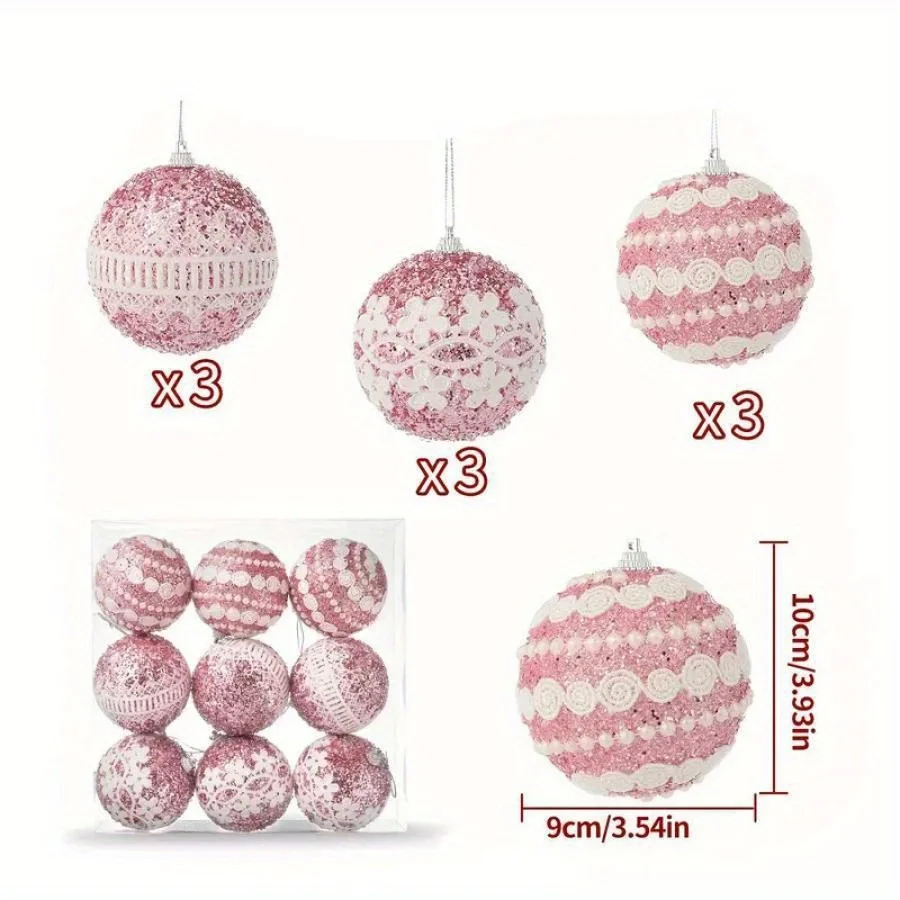 9-Piece Ball Set, Pink Shatterproof Ball, Suitable For Christmas Tree And Party Decoration