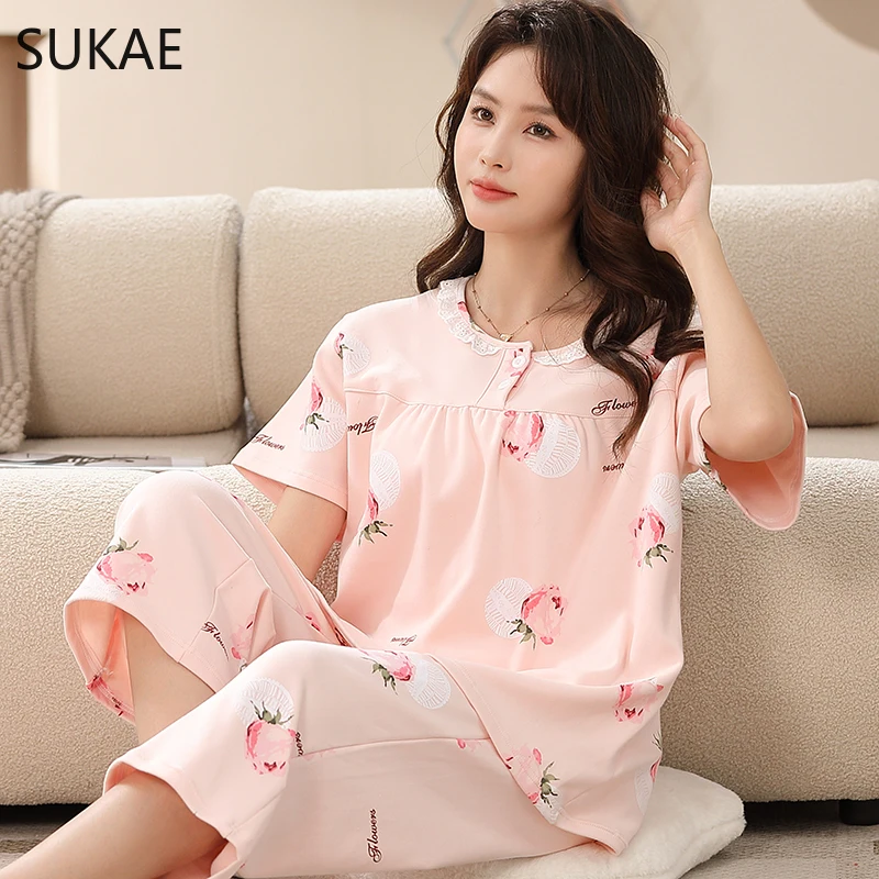 SUKAE Elegant Woman\'s Pajamas Set Summer Knee-length Sleepwear Gorgeous Floral Pijamas Lady Calf-Length Pants Pjs Mujer Homewear