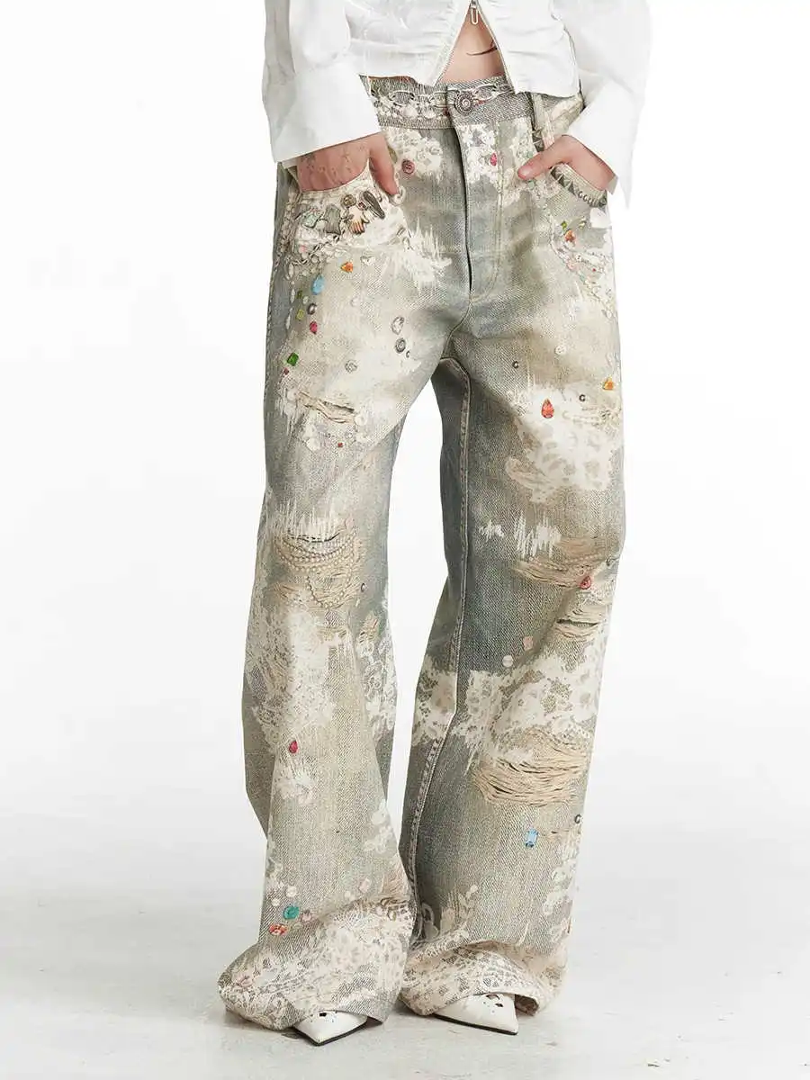 

2024 Summer Vintage Oversized Punk Y2K Loose Jeans Hollow Out Blue Pants Women Wide Leg Trashy Style Baggy Ripped Denim Trouser