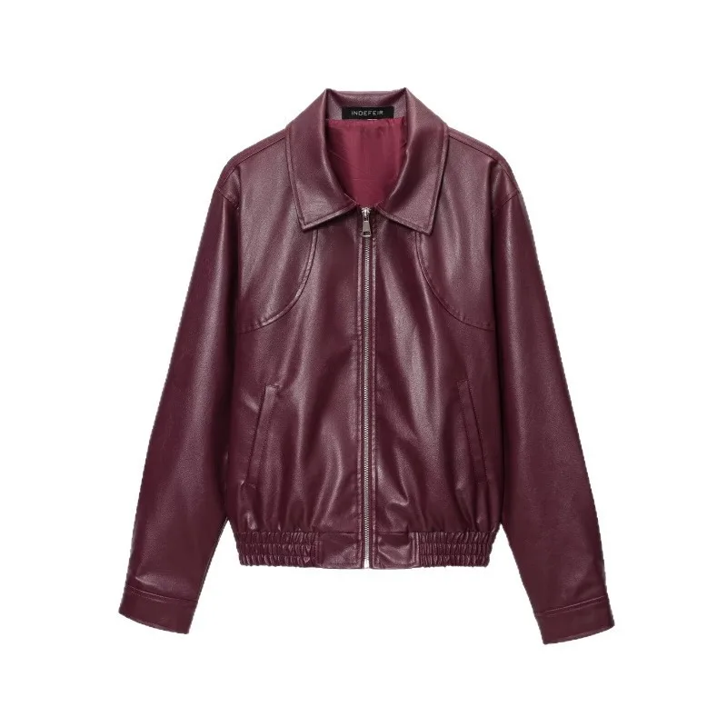 2025 Giacca da donna nuova autunno Retro Semplice risvolto Giacca in pelle con cerniera Top a maniche lunghe Giacche bordeaux Cappotto corto casual da donna
