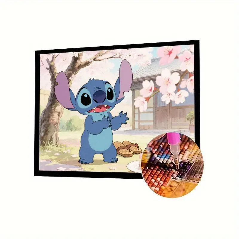 Kit de pintura de diamante de Lilo y Stitch de Disney, bonito punto feliz con flores de cerezo Sakura 5D, mosaico completo de diamantes de imitación DI, 1 ud.