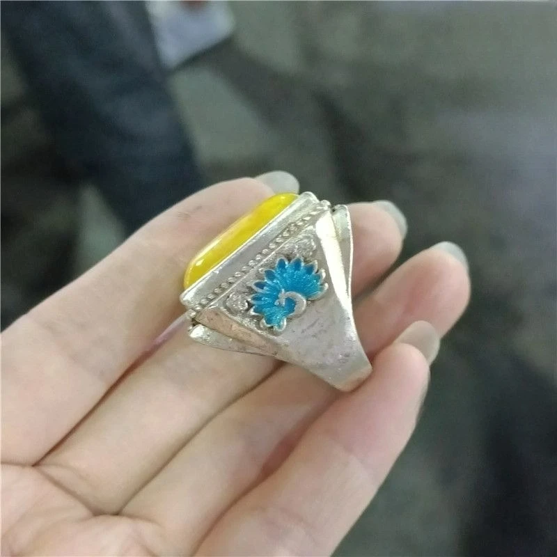 Antique Qing Dynasty Yellow Amber Silver Ring, Double Blessing Inlaid Adjustable Thumb Ring