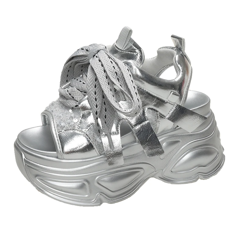 6,5 CM cuero sintético verano Bling Color mezclado moda Peep Toe plataforma hueca cuña zapatillas gruesas zapatos cómodos para mujer