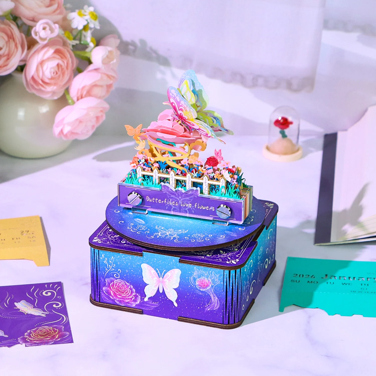84 Pages Musical Box - 2026 Butterfly Flower 3D Weekly Calendar Notebook for Home Office Desktop Decor & Gift